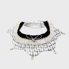 Elegant Tweed Pet Bandana With Faux Pearl Pendant & Satin Bow