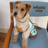 Long leg version color block dog rain jacket, light blue & beige waterproof four-legged coat for terrier, adjustable waist drawstring