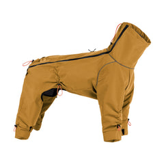 White background product photo, mustard yellow four-legged dog winter coat, windproof full coverage high collar dog jacket with adjustable drawstrings