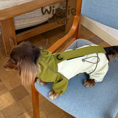 Side shot of olive cream color block dachshund raincoat, four-legged waterproof dog coat, adjustable back strap and drawstring hem