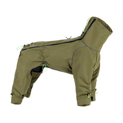 Studio product image, olive green four-legged dog winter coat, windproof high collar full coverage dog outdoor jacket, adjustable waist & cuff drawcords