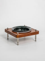 Mid‑century wooden raised cat feeder, glossy dark green ceramic bowl, adjustable metal legs, spill‑proof design for indoor cats.