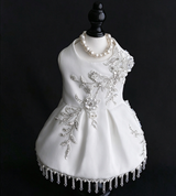 Soft tulle embroidered pet party gown front shot, pearl accents, solid black background