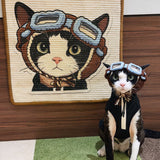 Personalized custom cat scratcher mat, custom pet portrait scratching mat with tuxedo cat wearing pilot hat and outfit matching the wall scratcher art