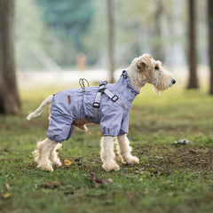 Purple waterproof dog rain jacket with integrated harness