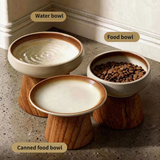 3-piece elevated ceramic cat bowl set with solid wood base, includes water bowl, food bowl and canned wet food bowl
