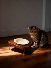 Adjustable raised wooden pet feeder single ceramic bowl for cat, mid‑century walnut stand, home natural sunlight shot