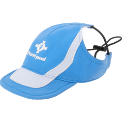 Glacier blue adjustable pet baseball cap for dogs, isolated white background, ear hole design and chin strap