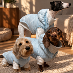 Light blue duck down dog vest with a padded quilted design