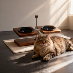 Modern luxury wooden cat food bowl stand with maine coon cat, adjustable height