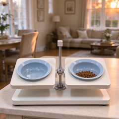 Off white elevated pet feeder light blue ceramic bowls warm western home living room