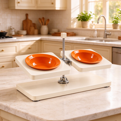 Off white elevated pet feeder orange ceramic bowls cozy american style kitchen