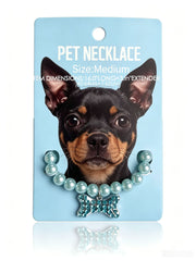 pearl pet necklace with crystal bone charm on a small black dog