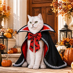 Cat model in vampire halloween cloak red lining, pumpkin background pet costume photoshoot