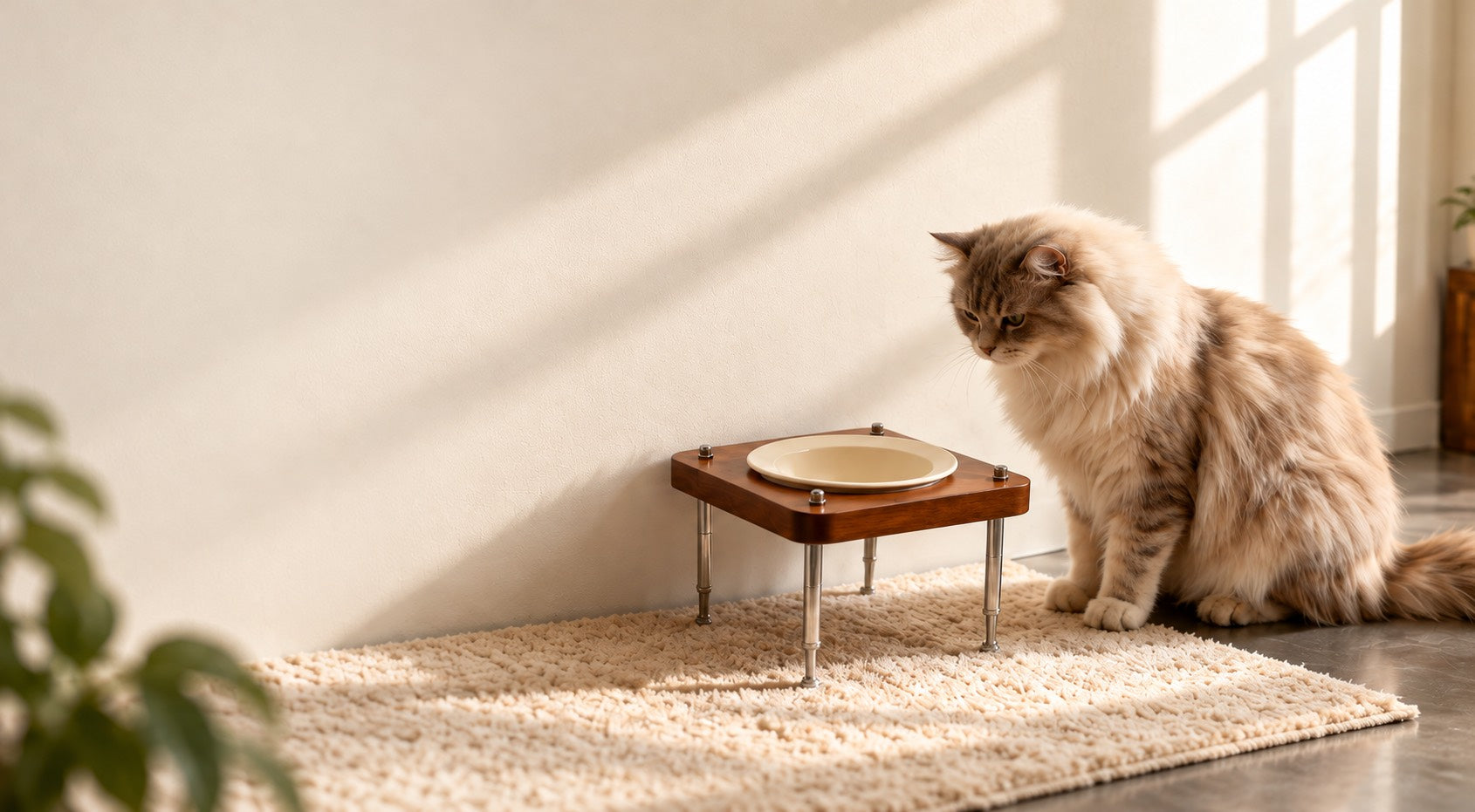 A cat beside a solid wood elevated bowl in a sunlit home
