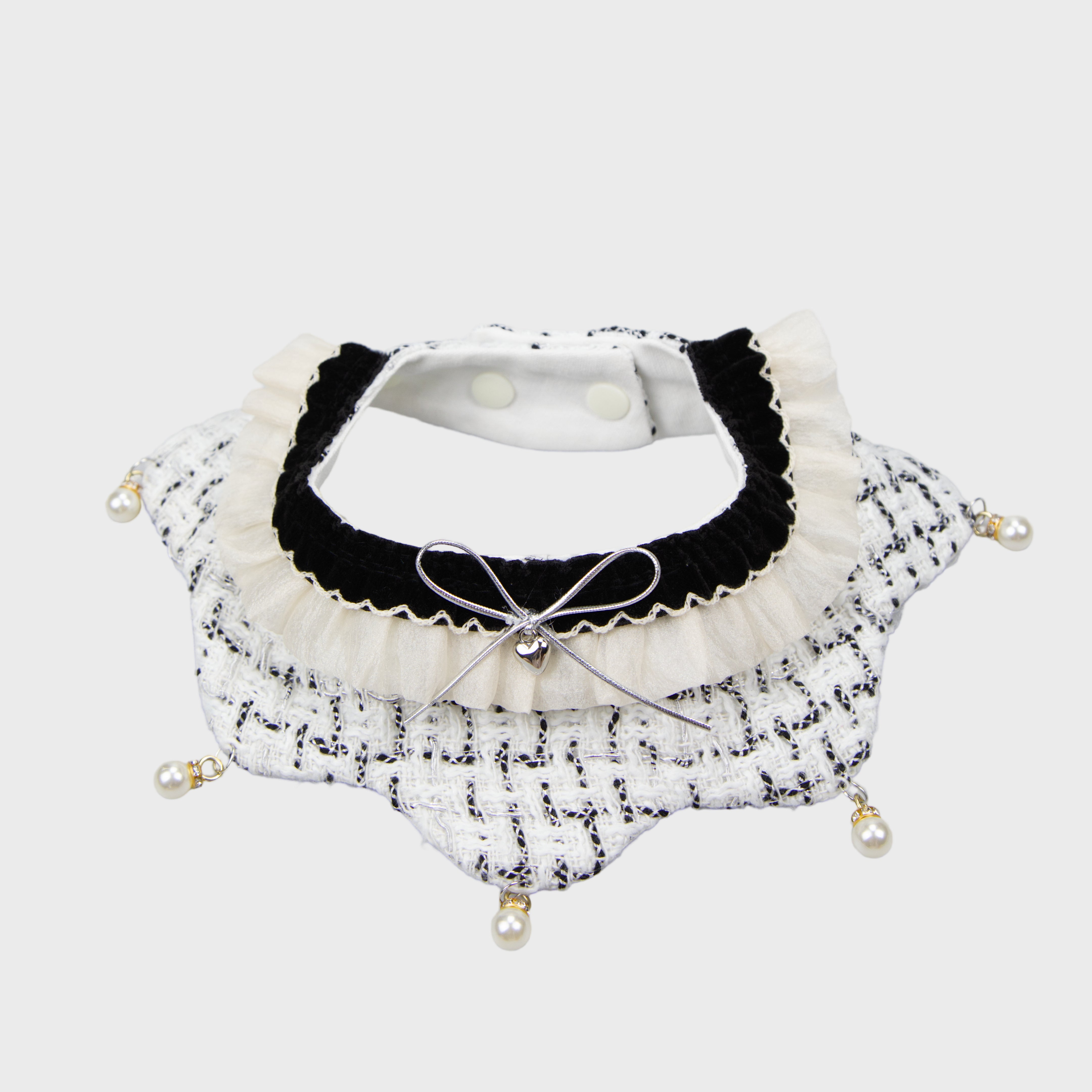 Elegant Tweed Pet Bandana With Faux Pearl Pendant & Satin Bow