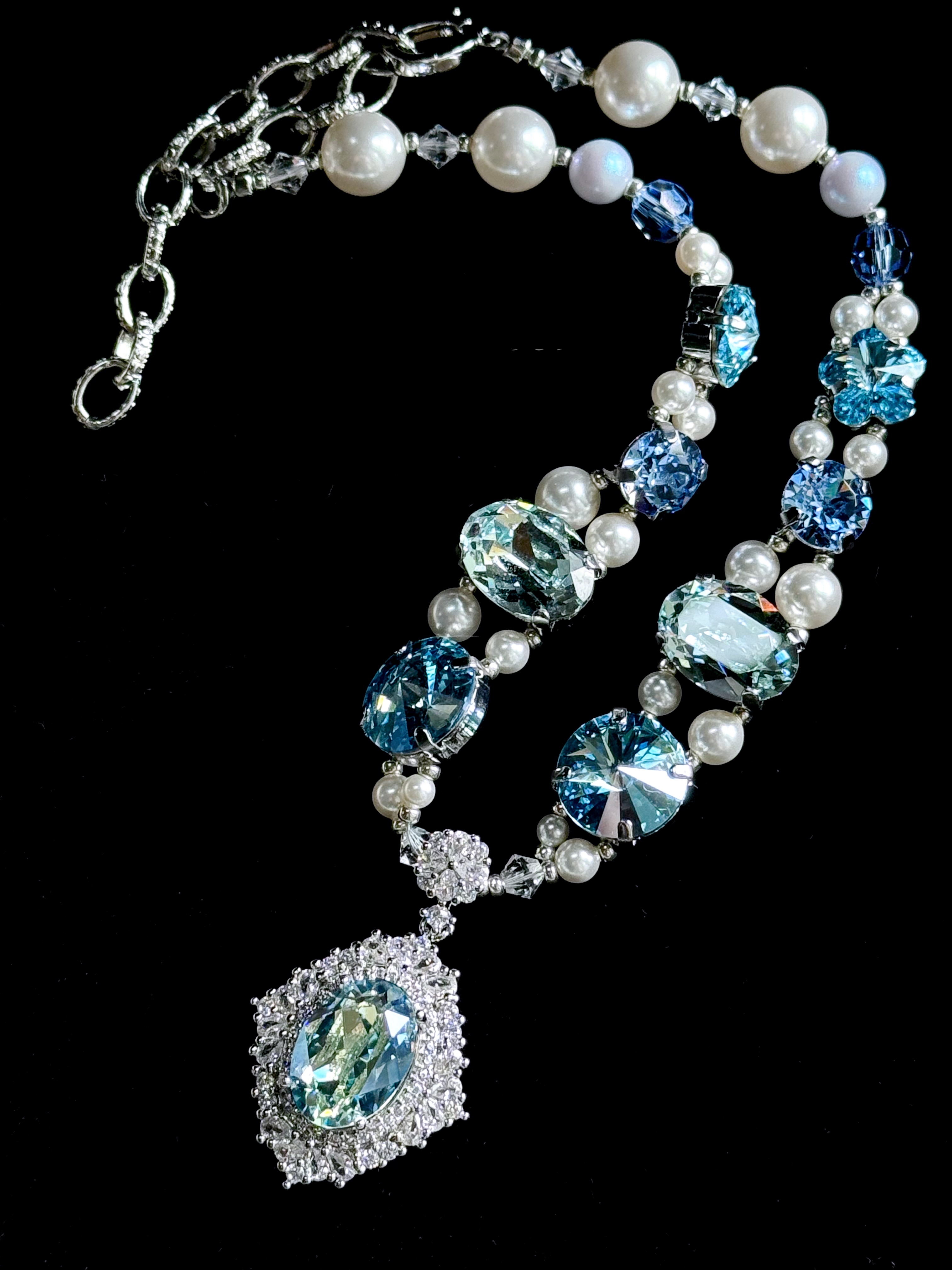 Handmade pet pearl necklace with blue crystals and aquamarine pendant, adjustable extension clasp, premium fashion accessory for small dogs