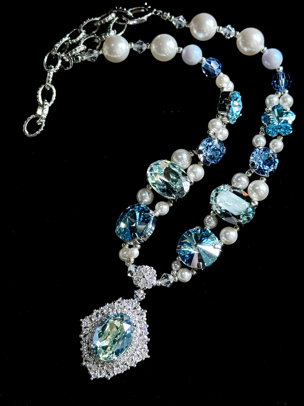 Handmade pet pearl necklace with blue crystals and aquamarine pendant, adjustable extension clasp, premium fashion accessory for small dogs