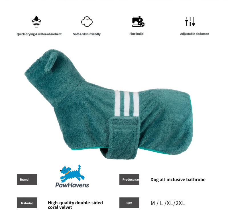 PawHavens teal coral velvet dog drying robe product info graphic, quick drying absorbent soft pet bath coat with adjustable belly strap, brand and size details