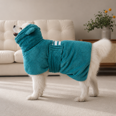 Full side view of dog in teal plush bear ear pet robe with adjustable wrap, soft absorbent dog bath towel coat on carpet