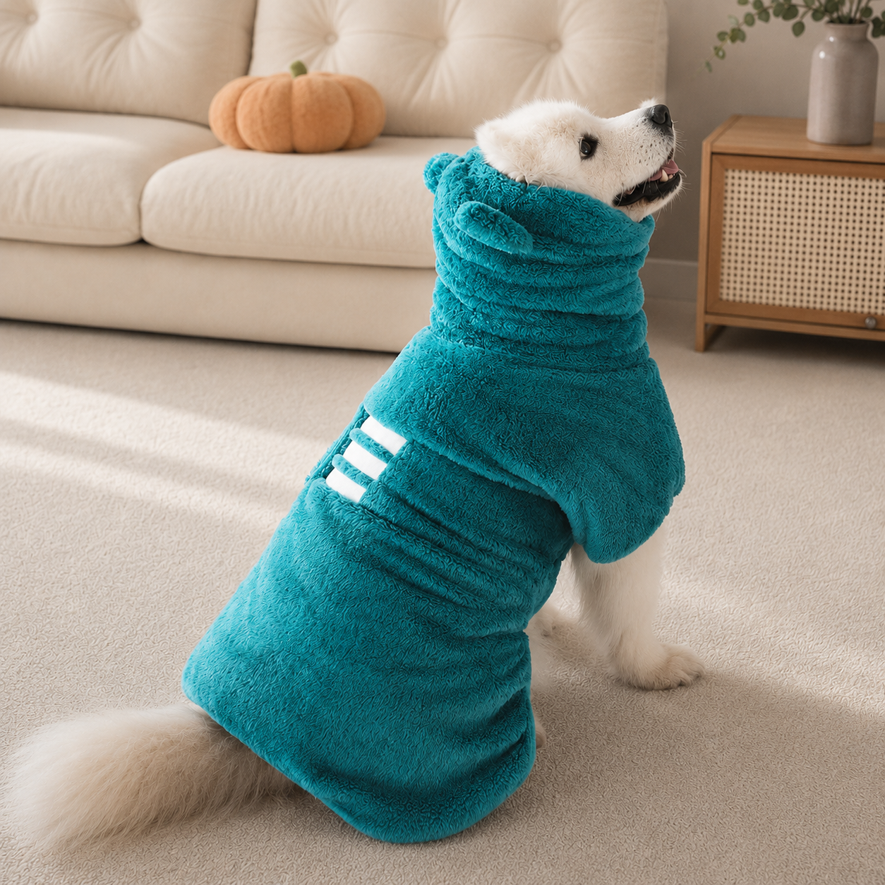 Back view of dog wearing teal fluffy hooded robe with bear ears, adjustable strap design, warm pet outfit in cozy home