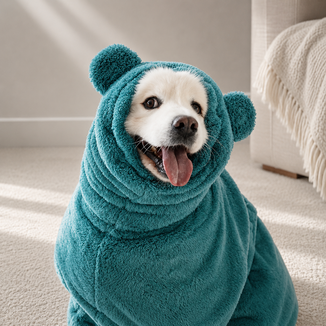 Cute white dog wearing teal fuzzy hooded bathrobe with bear ears, cozy pet drying robe indoor living room shot