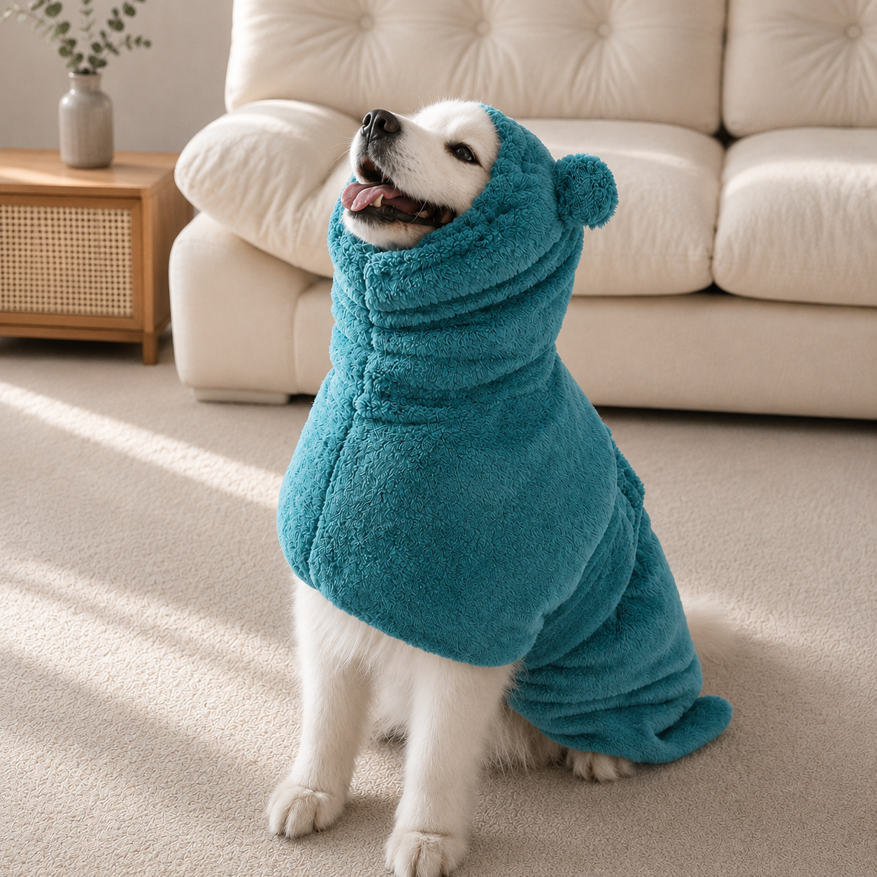 Happy panting dog portrait in teal sherpa hooded pet robe with 3D bear ears, warm comfortable dog loungewear