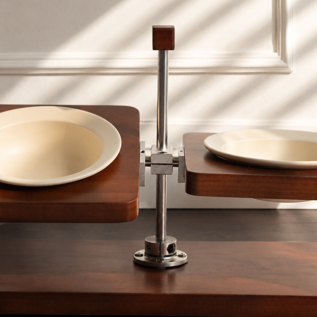 Adjustable solid wood elevated cat bowl stand with stainless steel structure, cream ceramic cat bowls
