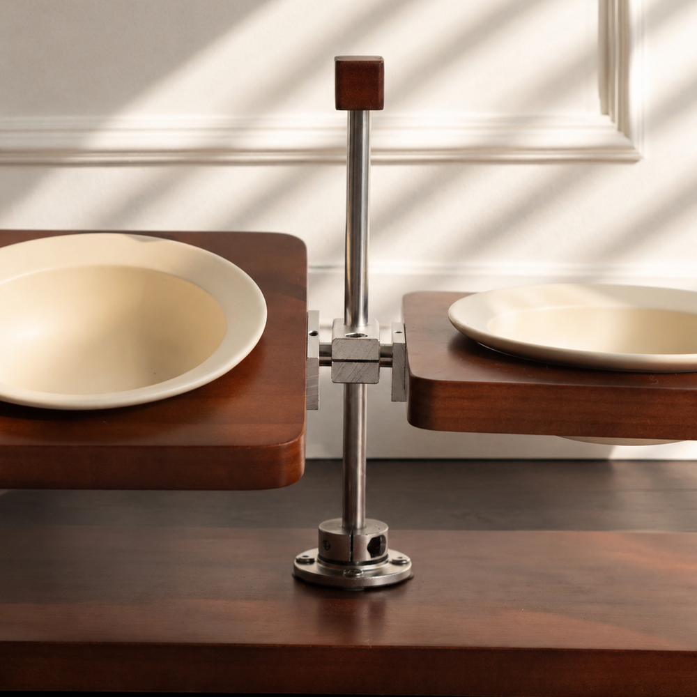 Adjustable solid wood elevated cat bowl stand with stainless steel structure, cream ceramic cat bowls