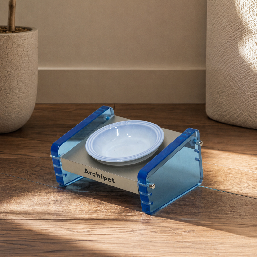 Archipet blue clear acrylic elevated cat food bowl with gradient blue ceramic bowl, designer pet feeder on hardwood floor