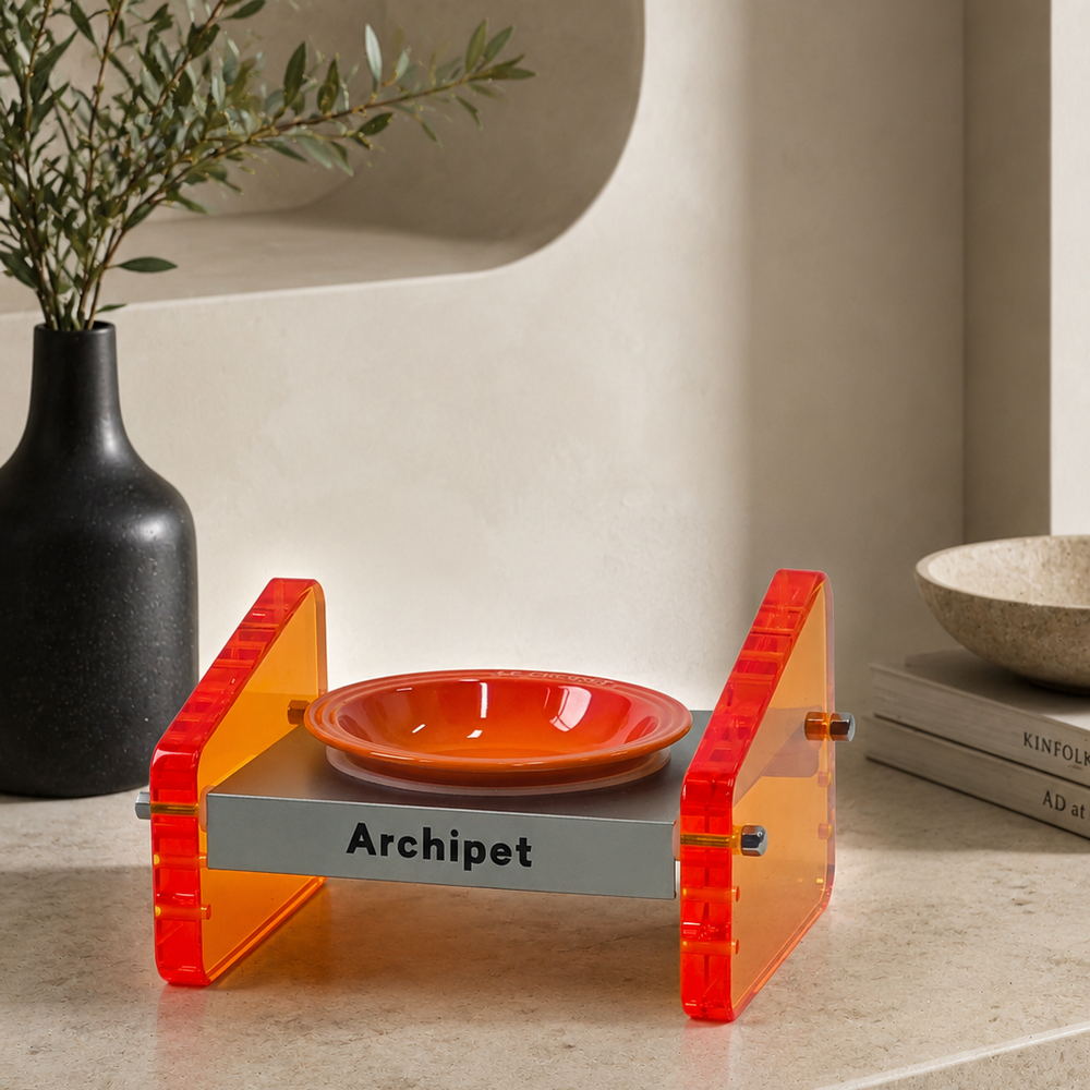 Archipet orange translucent acrylic elevated cat bowl stand with orange ceramic bowl, modern stylish pet feeder on beige countertop in minimalist living room
