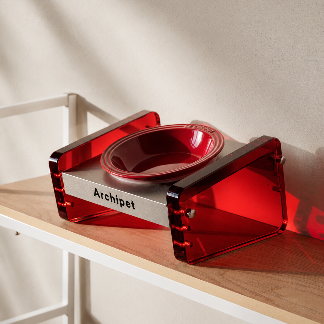 Archipet wine red translucent acrylic elevated cat bowl holder with red ceramic bowl, designer pet bowl on wooden shelf with soft shadow