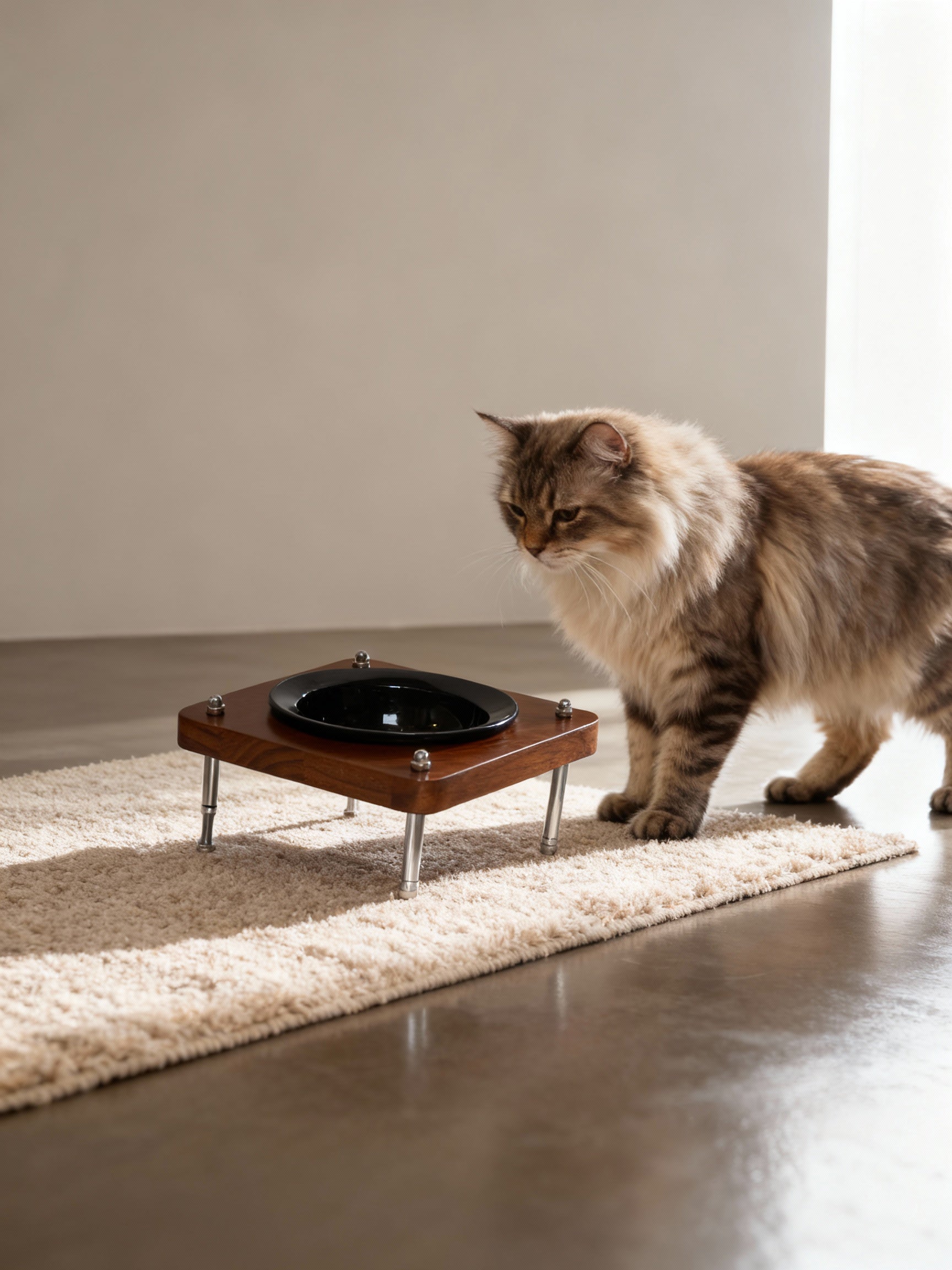 Walnut raised cat feeder stand with black ceramic bowl, placed on soft beige carpet for indoor home decor