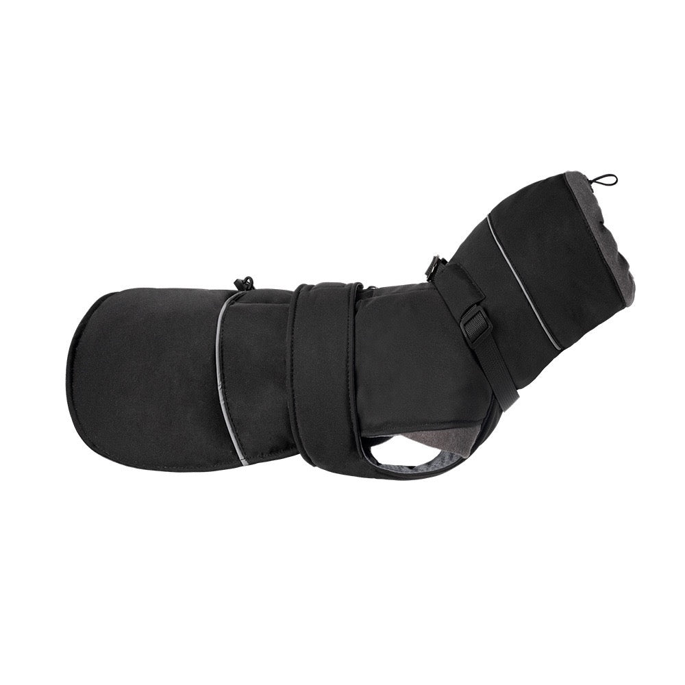 Black waterproof dog winter coat product shot on white background