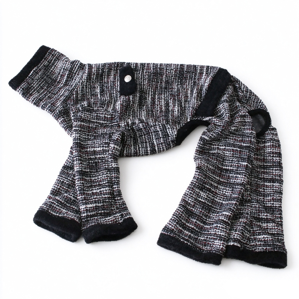 Flat lay black tweed four-legged dog jumpsuit, white background, fabric detail