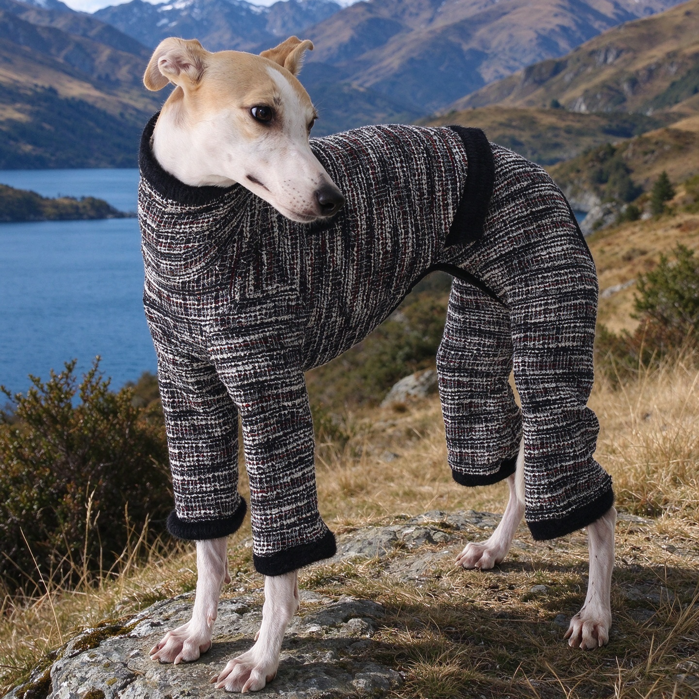 Black tweed turtleneck jumpsuit on italian greyhound, outdoor mountain lake scene