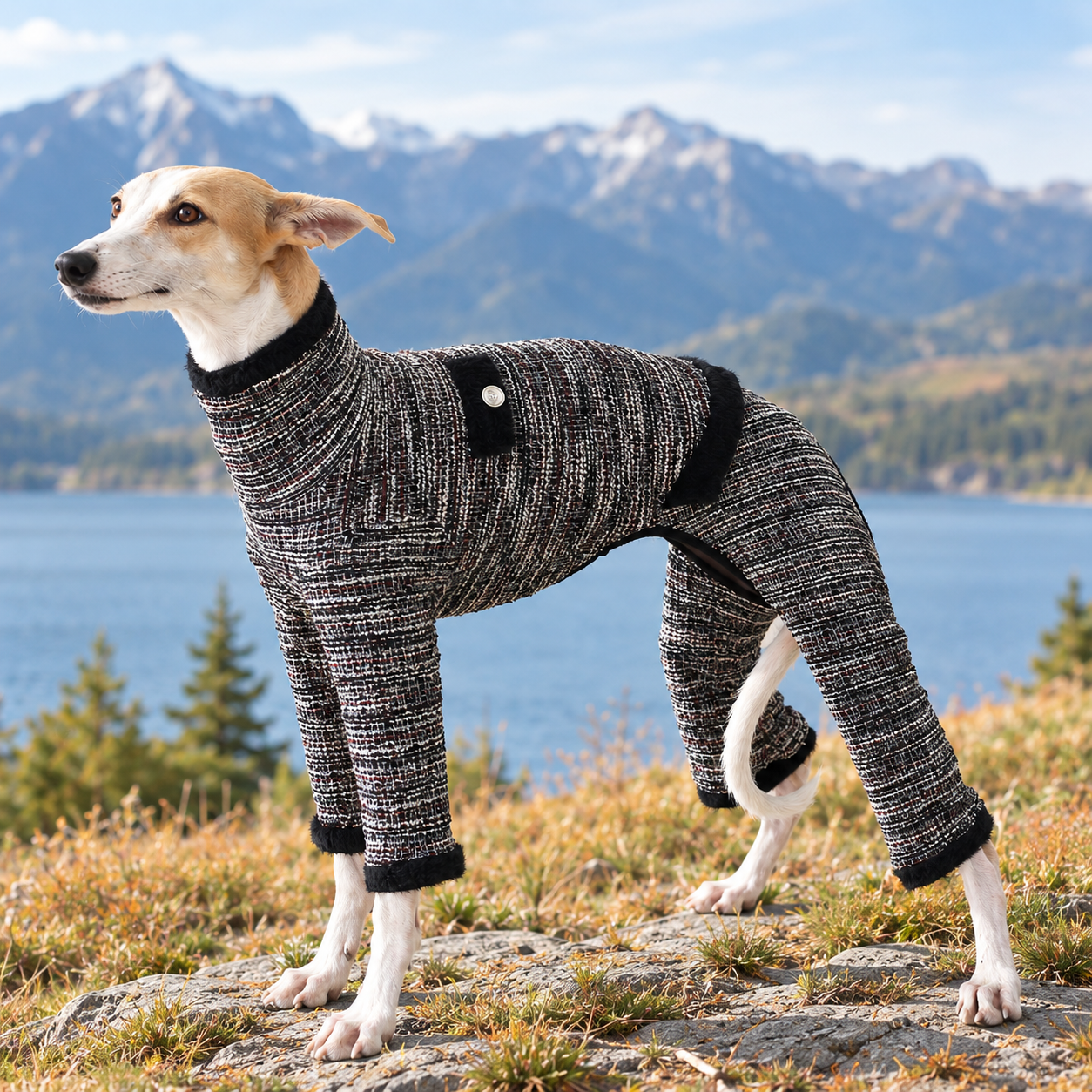 Black tweed turtleneck jumpsuit on italian greyhound, outdoor mountain lake scene