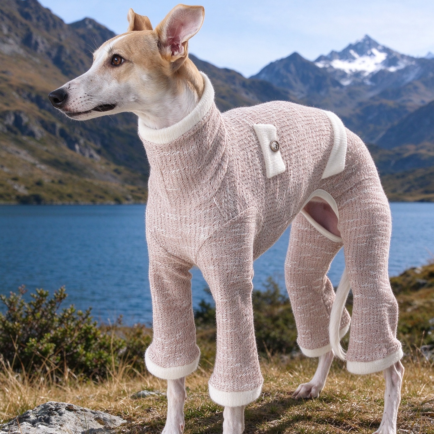 Blush pink tweed turtleneck onesie for italian greyhound, outdoor lake scenery