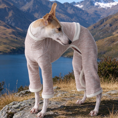 Blush pink tweed dog jumpsuit side view on italian greyhound