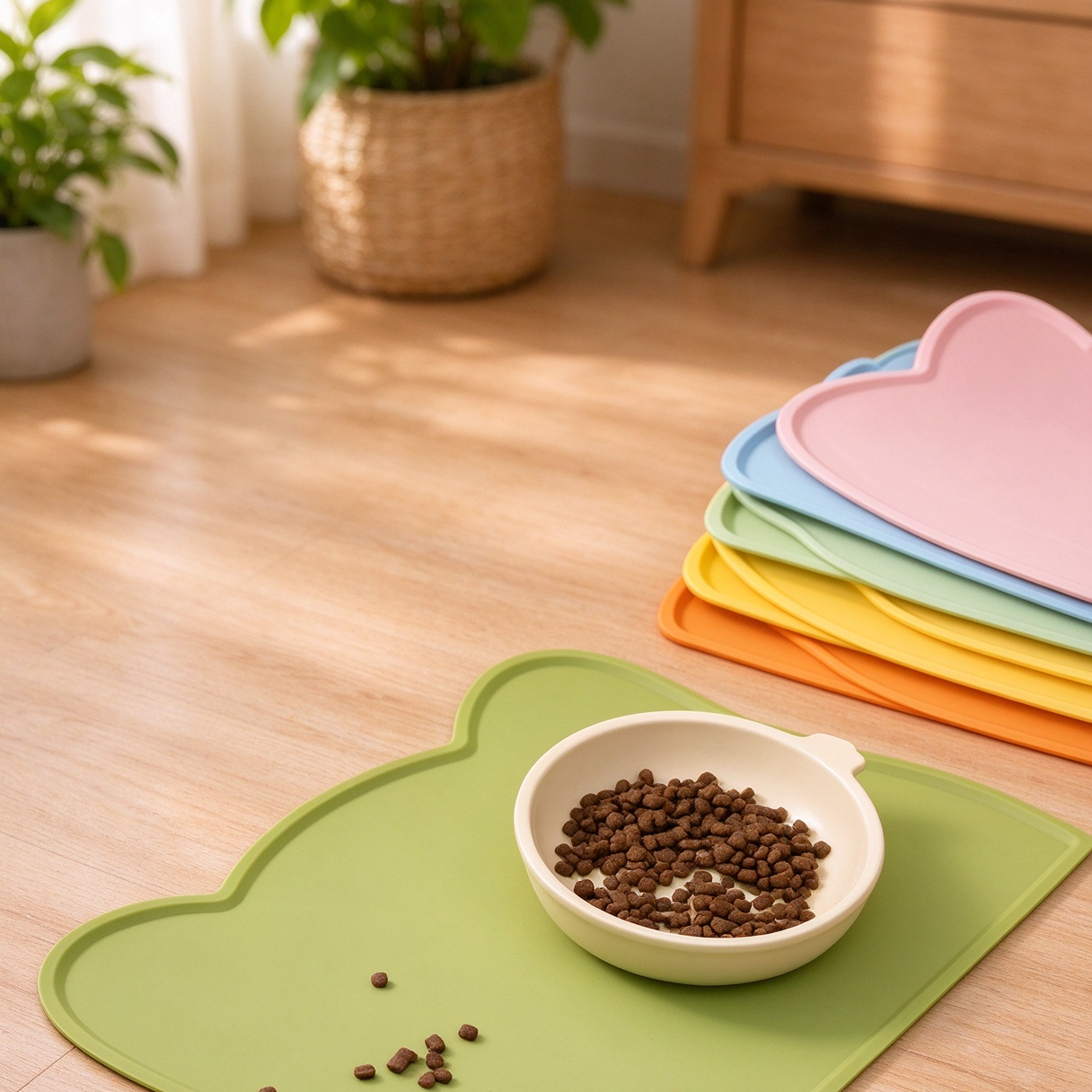 Stacked colorful cat ear silicone pet feeding mats with pet food bowl