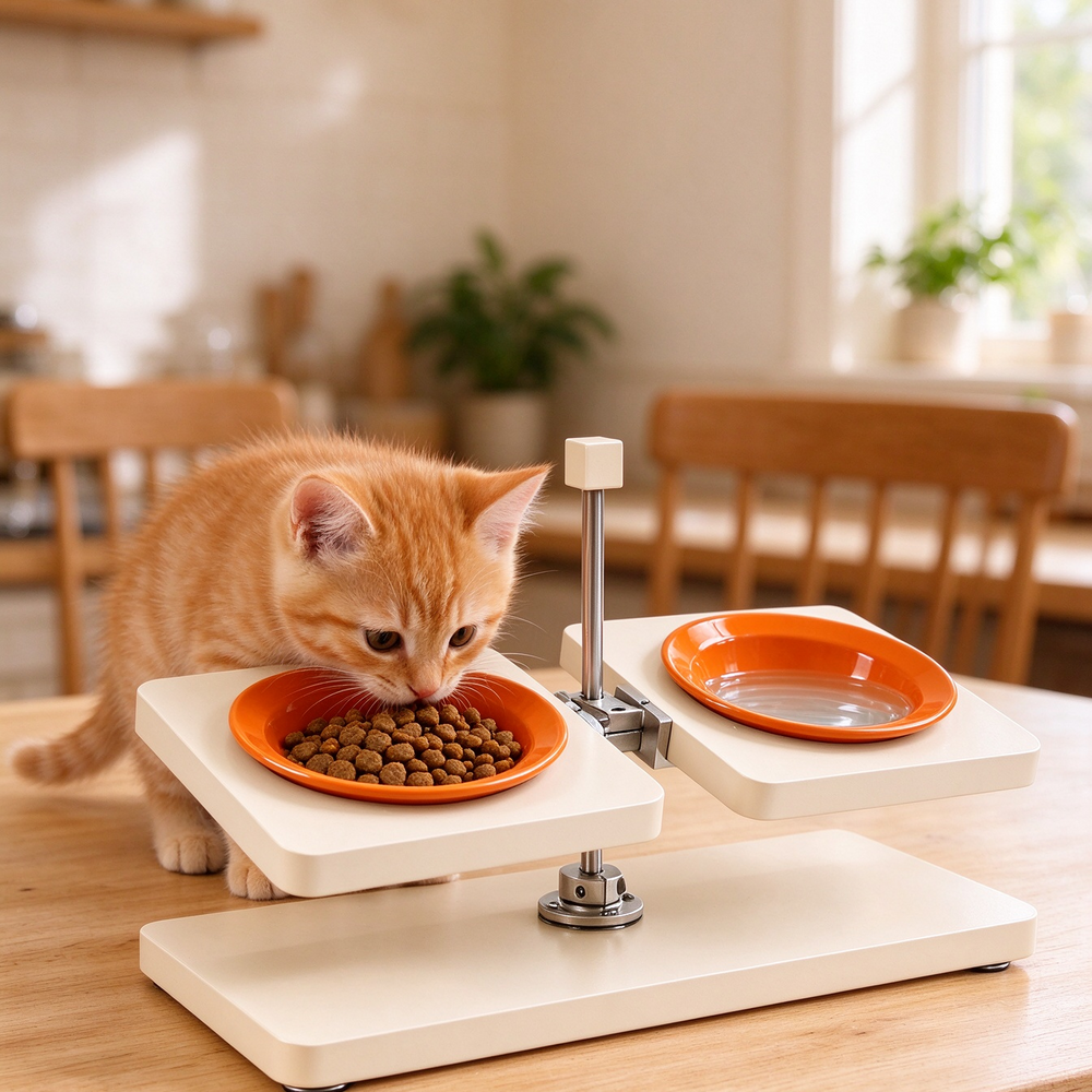Cat eating food from off white elevated pet feeder orange ceramic bowls warm home