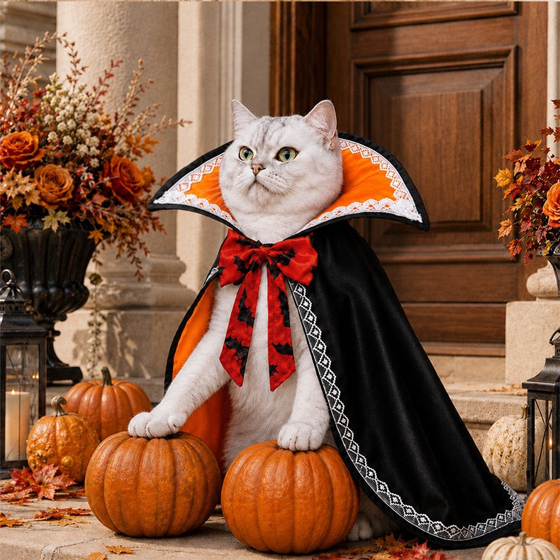 White cat wearing orange lining vampire cape, halloween pet costume with bat bow and lace