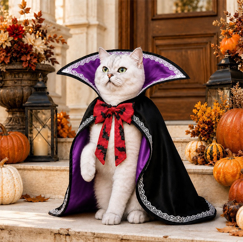 Cat gothic vampire cape purple lining, halloween pet costume with stand collar bat bow