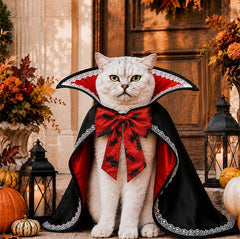 Cat model in vampire halloween cloak red lining, pumpkin background pet costume photoshoot
