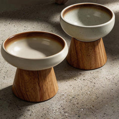 Set of two elevated ceramic cat bowls with natural solid wood cone base, home decor pet feeder