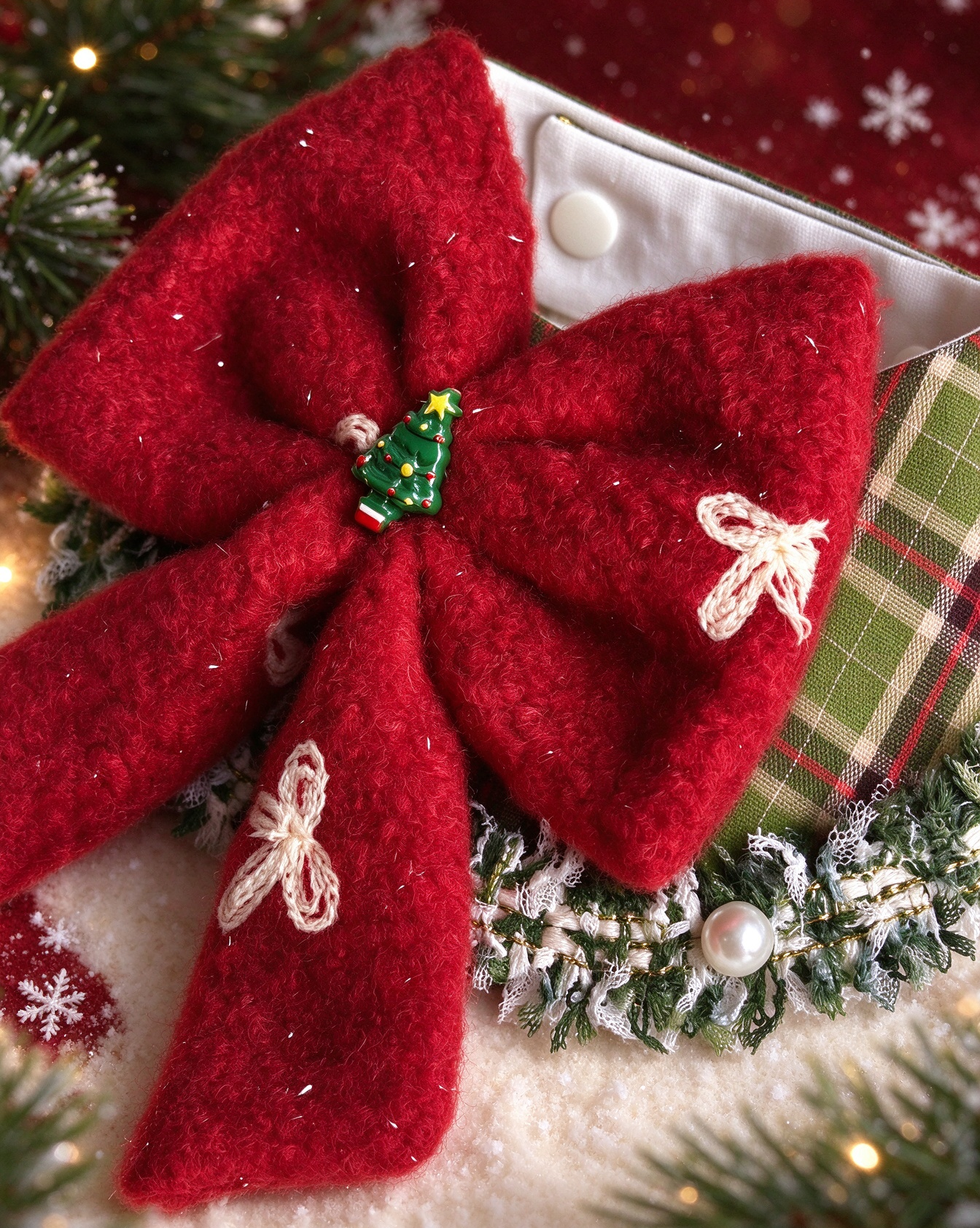 Closeup of large red fluffy bow on christmas pet collar, lace bow embroidery, pine pearl decoration