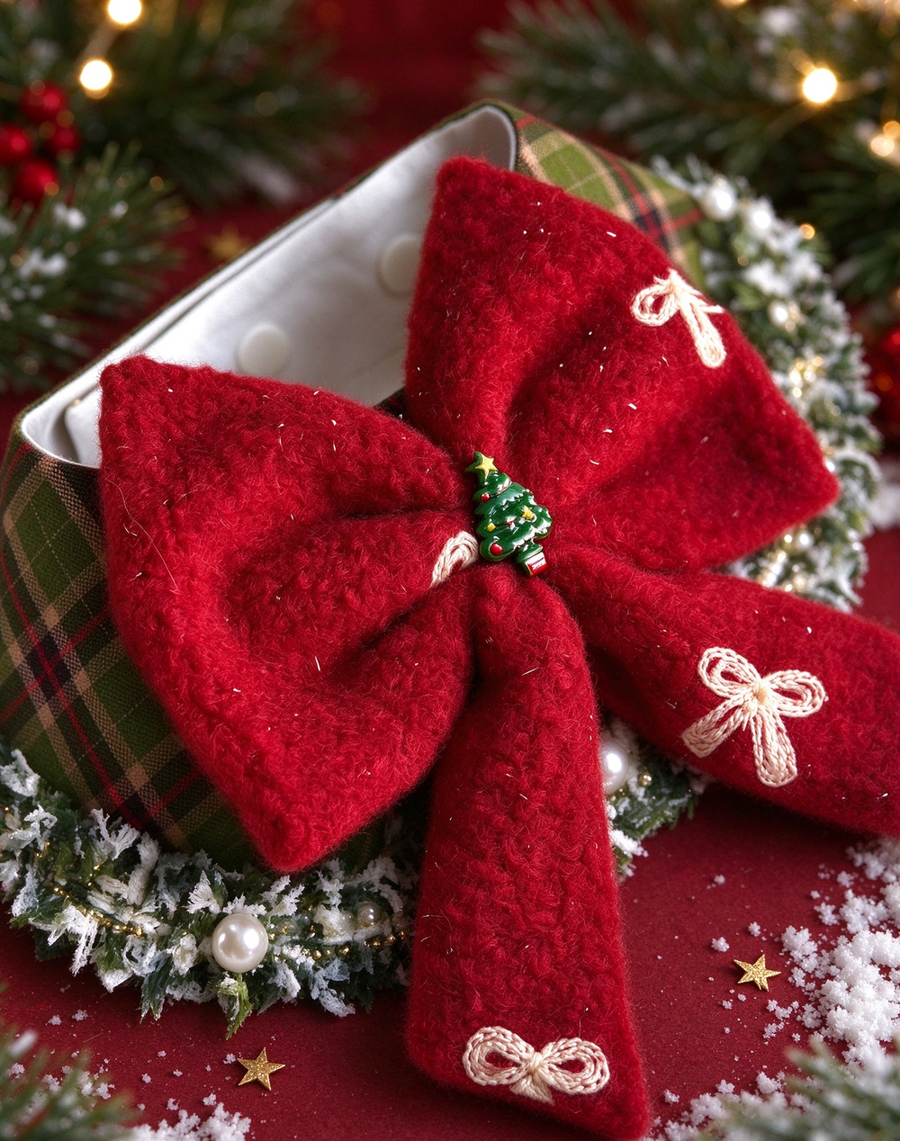 Close up of handmade christmas pet bow collar, green plaid fabric, red fluffy bow and christmas tree charm