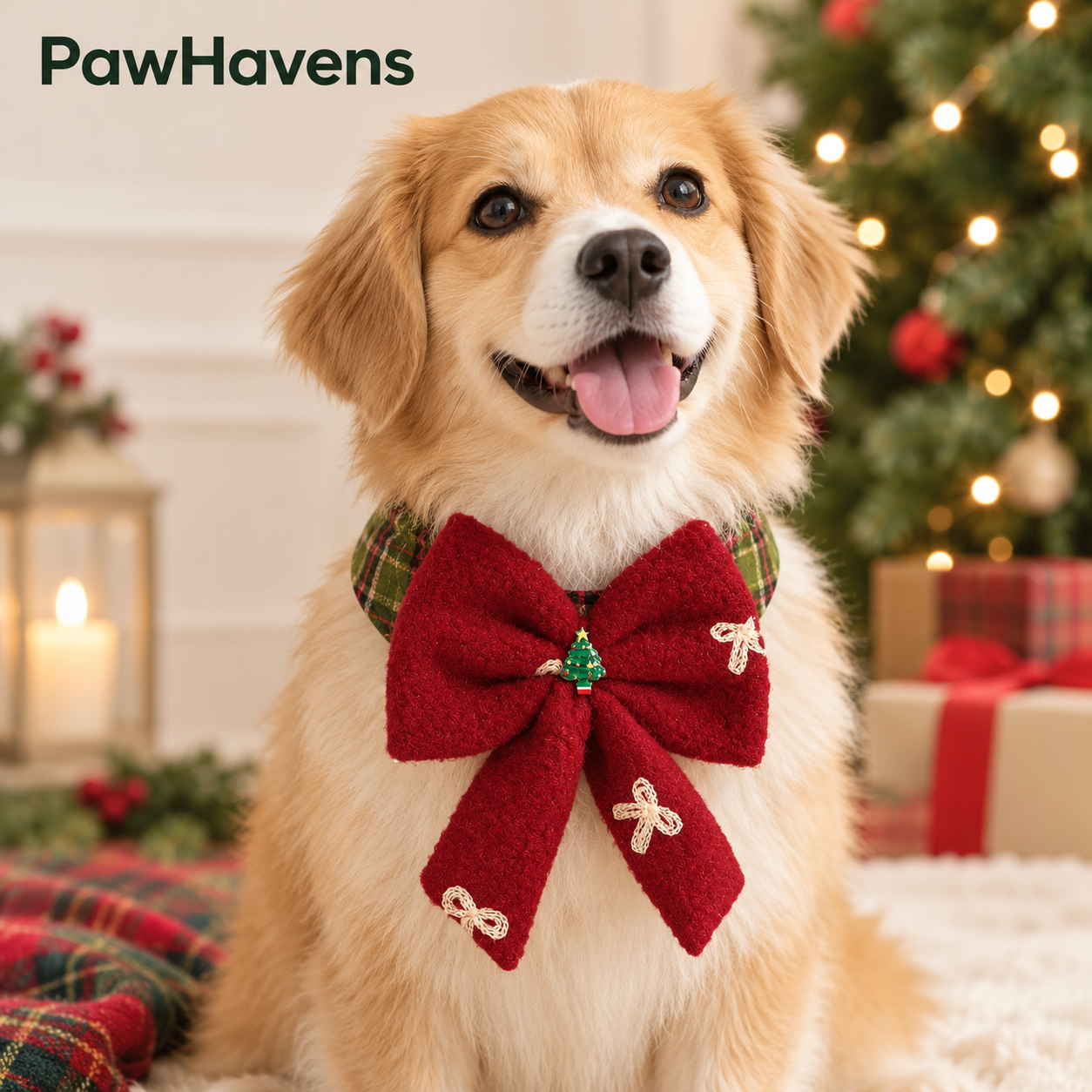 Golden retriever wearing PawHavens christmas plaid pet bow collar, red fluffy bow holiday bandana for dog