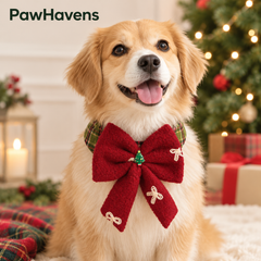 Golden retriever wearing PawHavens christmas plaid pet bow collar, red fluffy bow holiday bandana for dog
