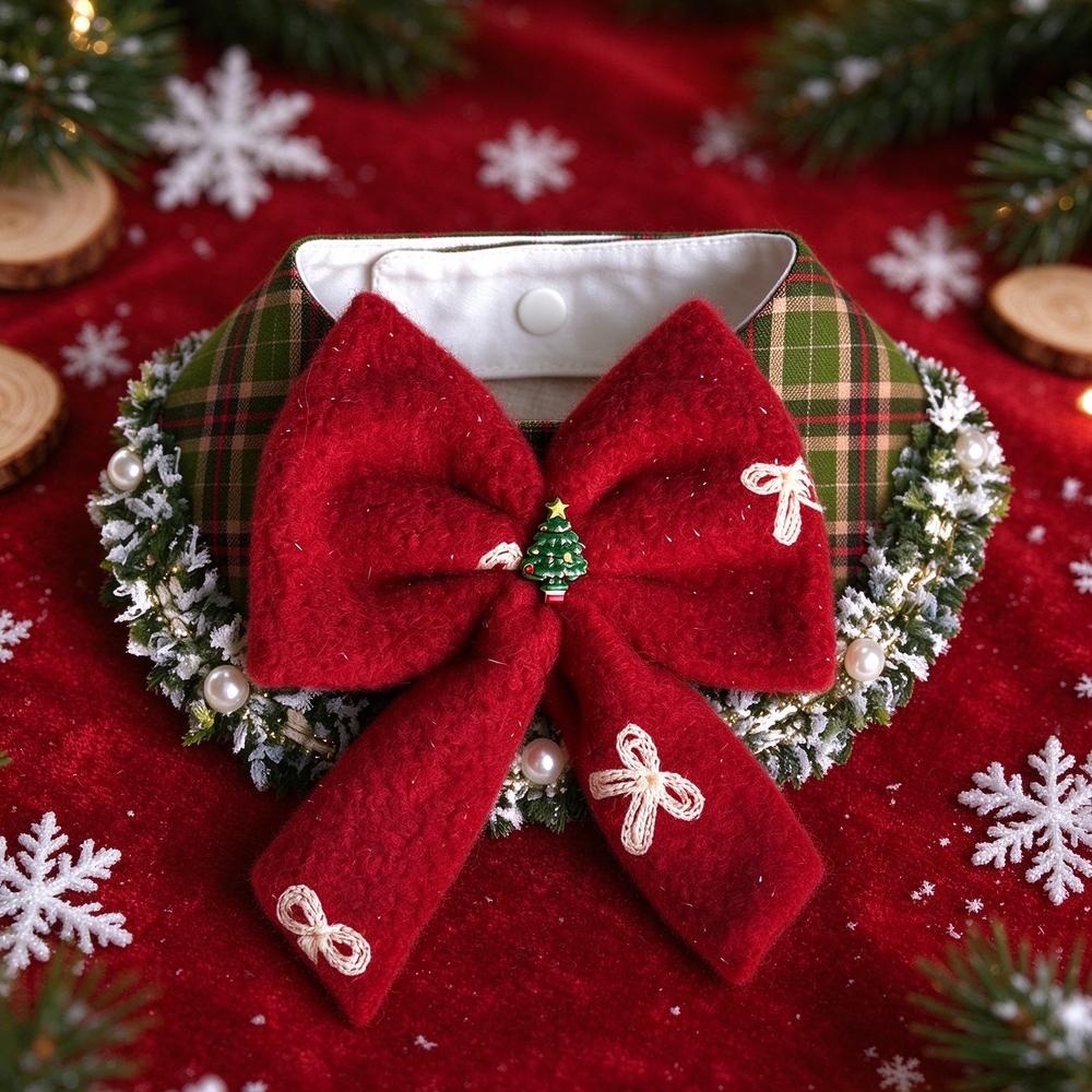 Christmas plaid pet bow collar flat lay, red fuzzy bow with lace mini bows, frosted pine and pearl edge, red festive backdrop